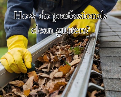 Hands removing leaves from gutter.
