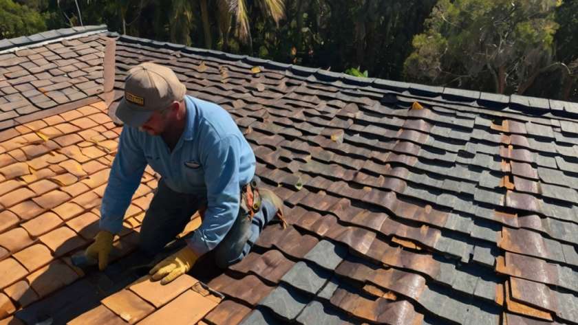 Professional roofer in action.